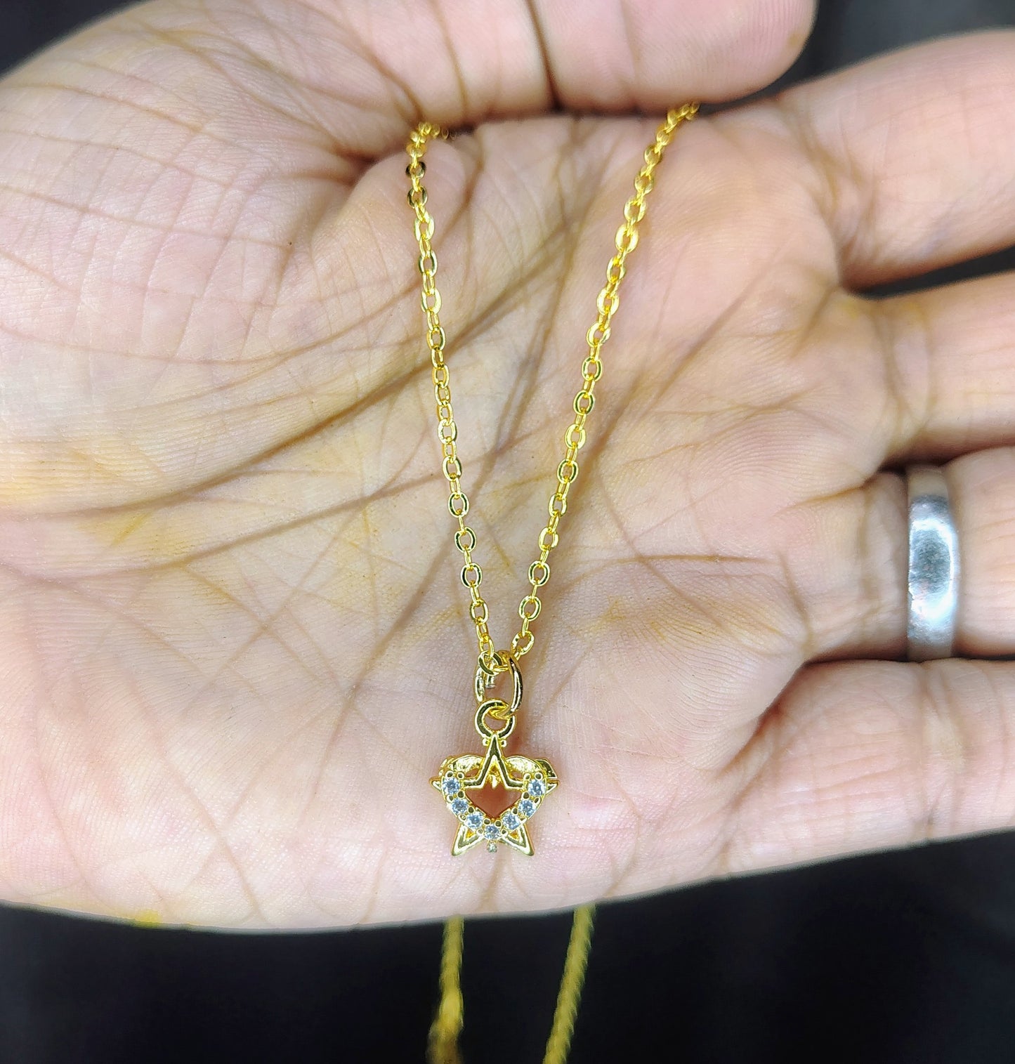 Gold Finish Star & Heart Crystal Charm Necklace