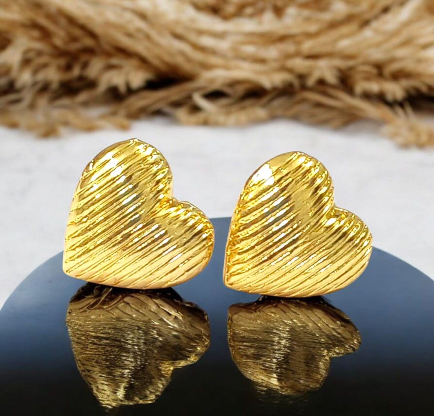 Textured Gold Finish Heart Stud Earrings