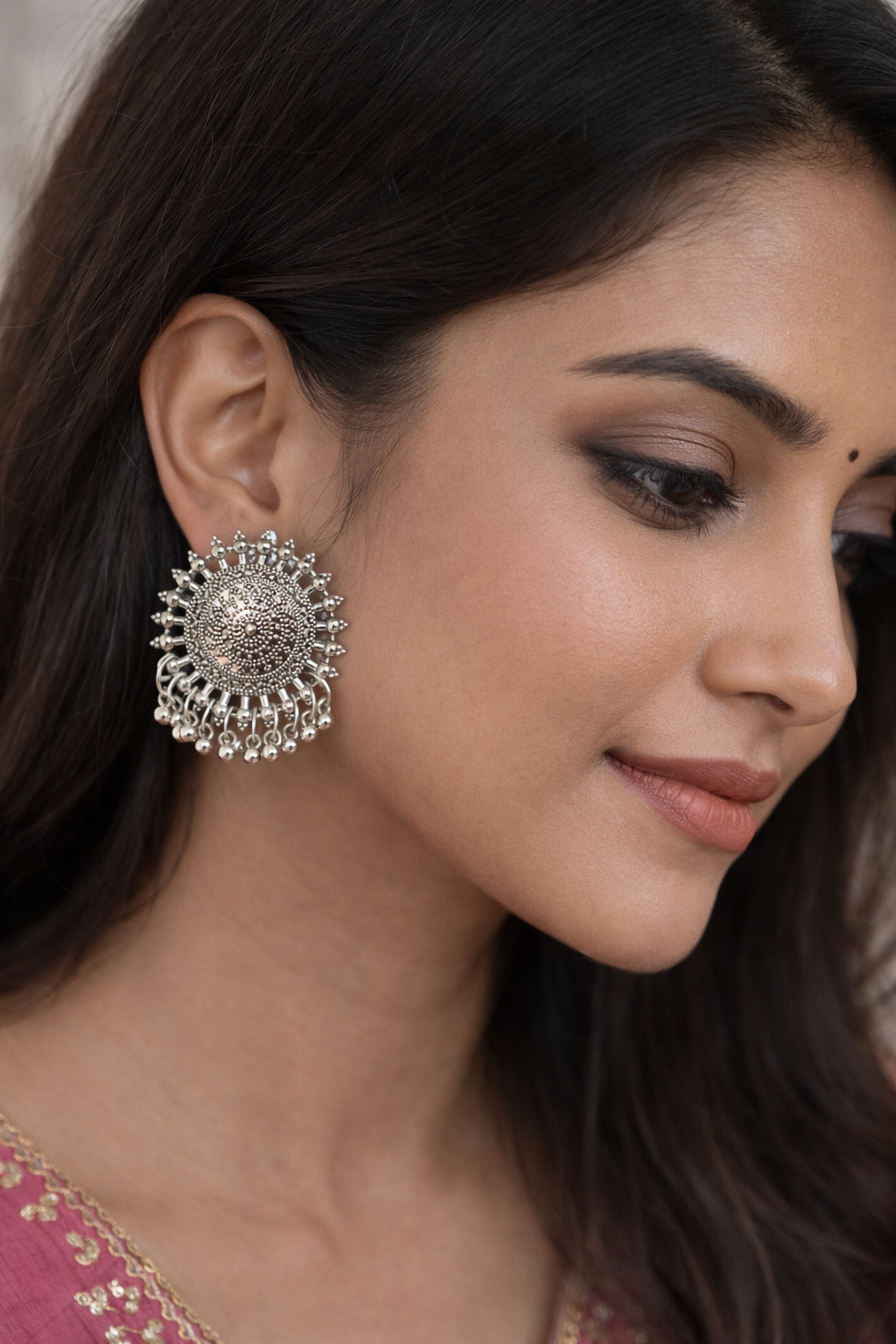 Oxidised Silver Tribal Dome Stud Earrings