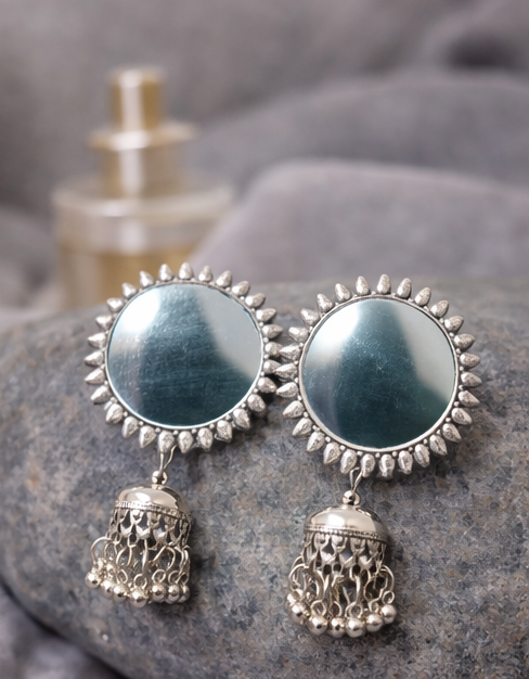 Oxidised Silver Mirror Work Earrings Combo Set (2 Pairs)
