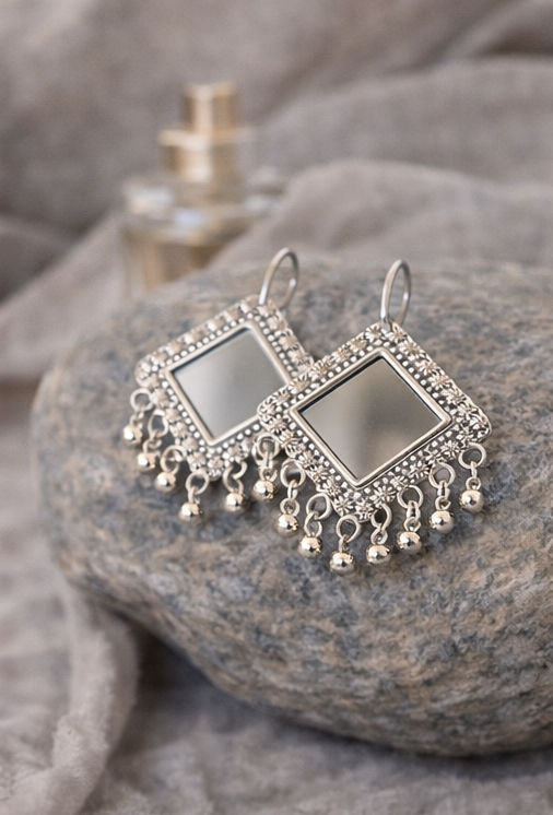 Oxidised Silver Mirror Work Earrings Combo Set (2 Pairs)