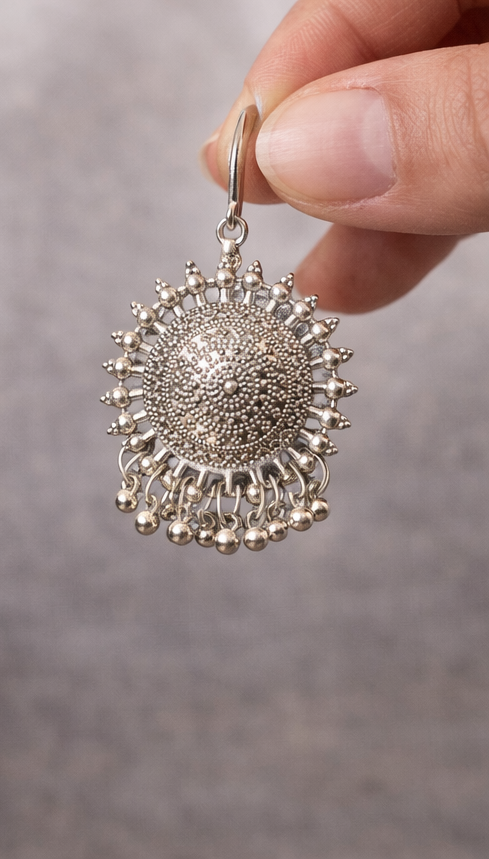 Oxidised Silver Tribal Dome Stud Earrings