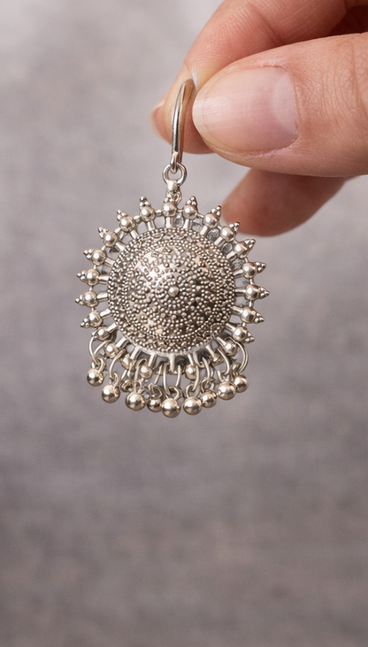 Oxidised Silver Tribal Dome Stud Earrings